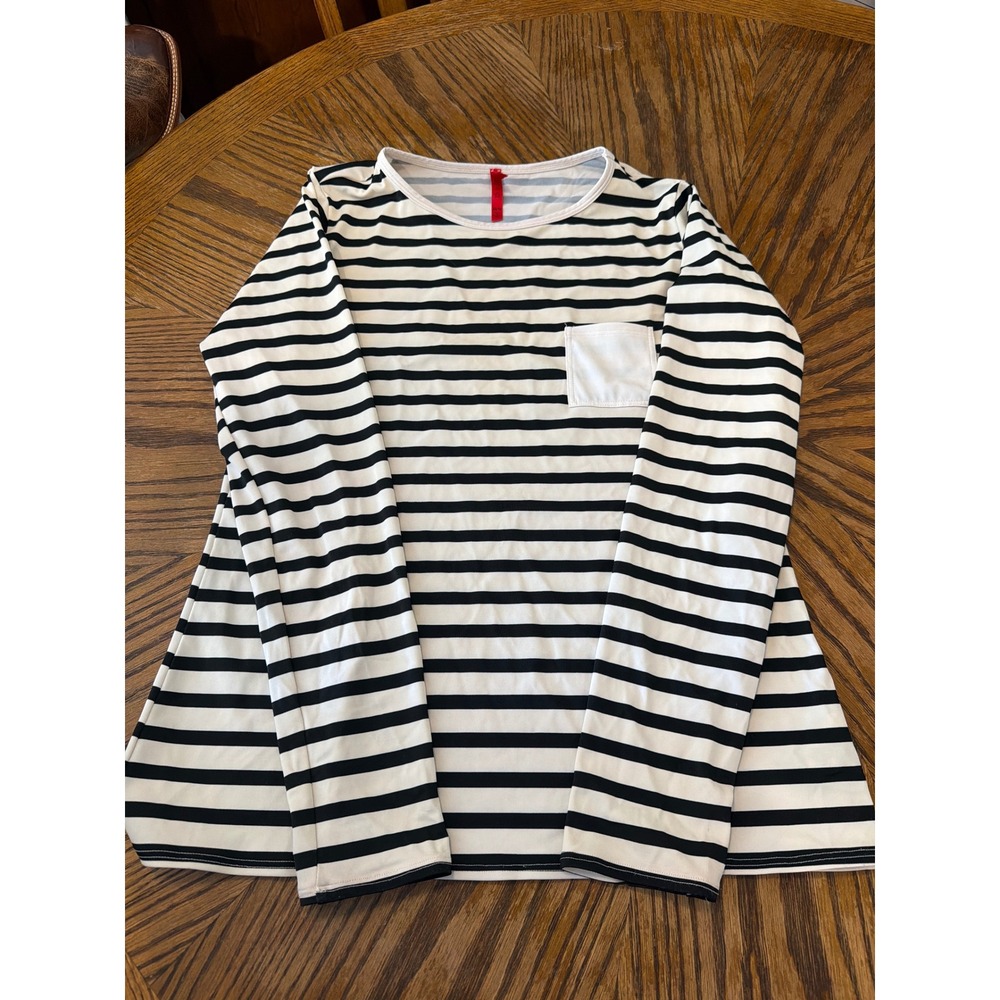 Spanx Womens Medium Black White Striped Long Sleeve Pocket Crew Neck Top
